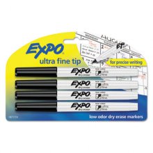 Low-Odor Dry-Erase Marker, Extra-Fine Needle Tip, Black, 4/Pack