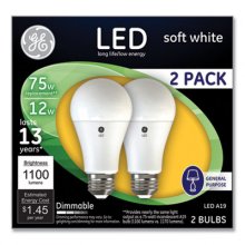 75W LED Bulbs, 12 W, A19 Bulb, Soft White, 2/Pack