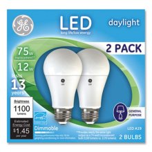 75W LED Bulbs, 12 W, A19 Bulb, Daylight, 2/Pack
