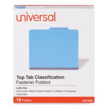 Bright Colored Pressboard Classification Folders, 2 Dividers, Letter Size, Cobalt Blue Cover, 10/Box