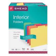 Interior File Folders, 1/3-Cut Tabs: Assorted, Letter Size, 0.75" Expansion, Assorted Colors, 100/Box
