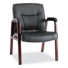 Alera Madaris Series Bonded Leather Guest Chair, Wood Trim Legs, 25.39" x 25.98" x 35.62", Black Seat/Back, Mahogany Base