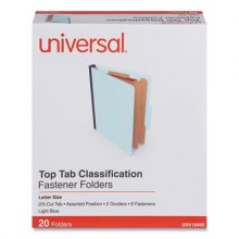 Six-Section Pressboard Classification Folders, 2 Dividers, Letter Size, Light Blue, 20/Box